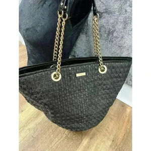 Kate Spade Woven Shoulder Bag Gold Tone Chain Satchel Black 10X16 Large